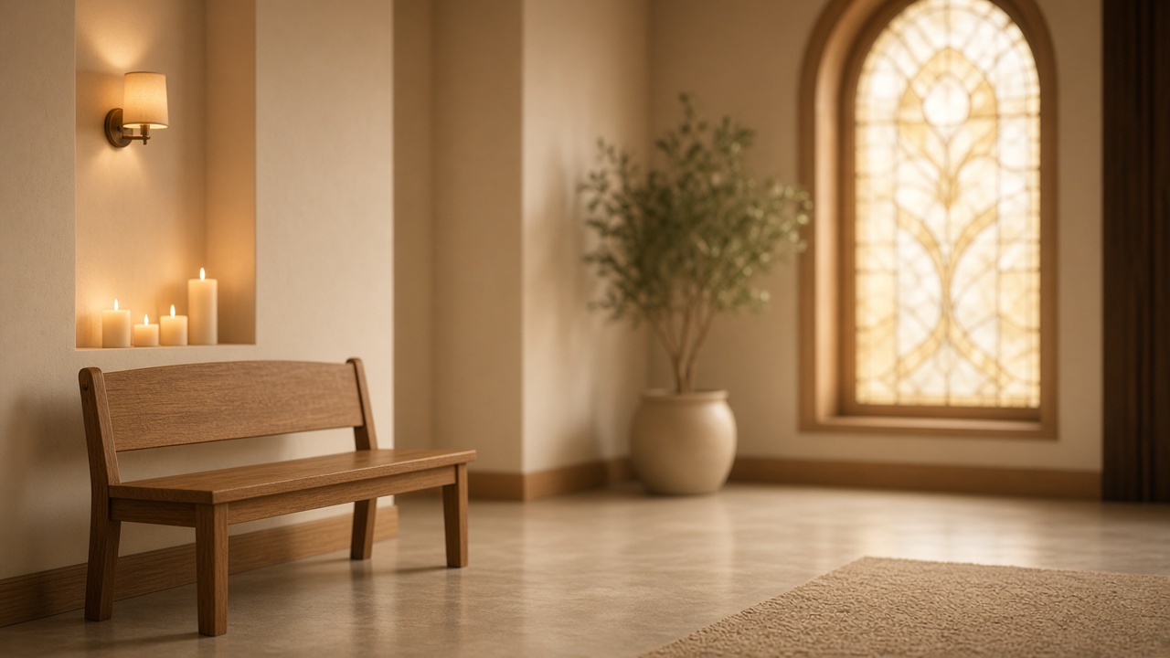 A quiet hospital chapel with soft candlelight, a wooden bench, and warm gold light