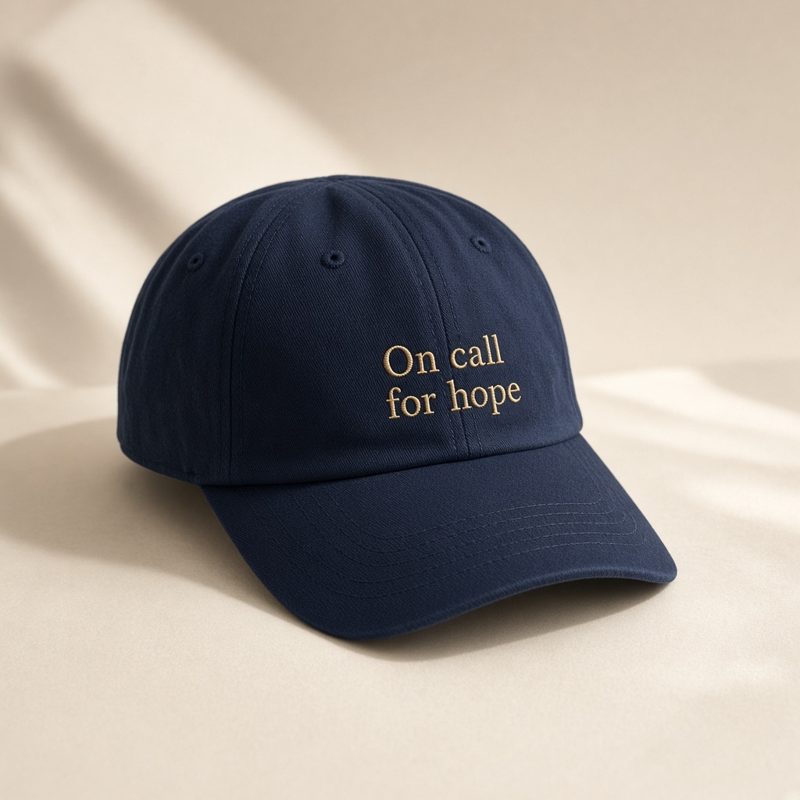 Navy cap embroidered with On call for hope