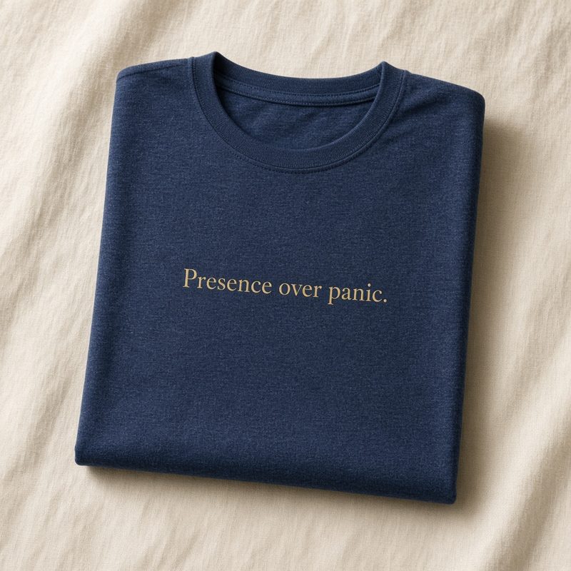 Navy t-shirt printed with the words Presence over panic